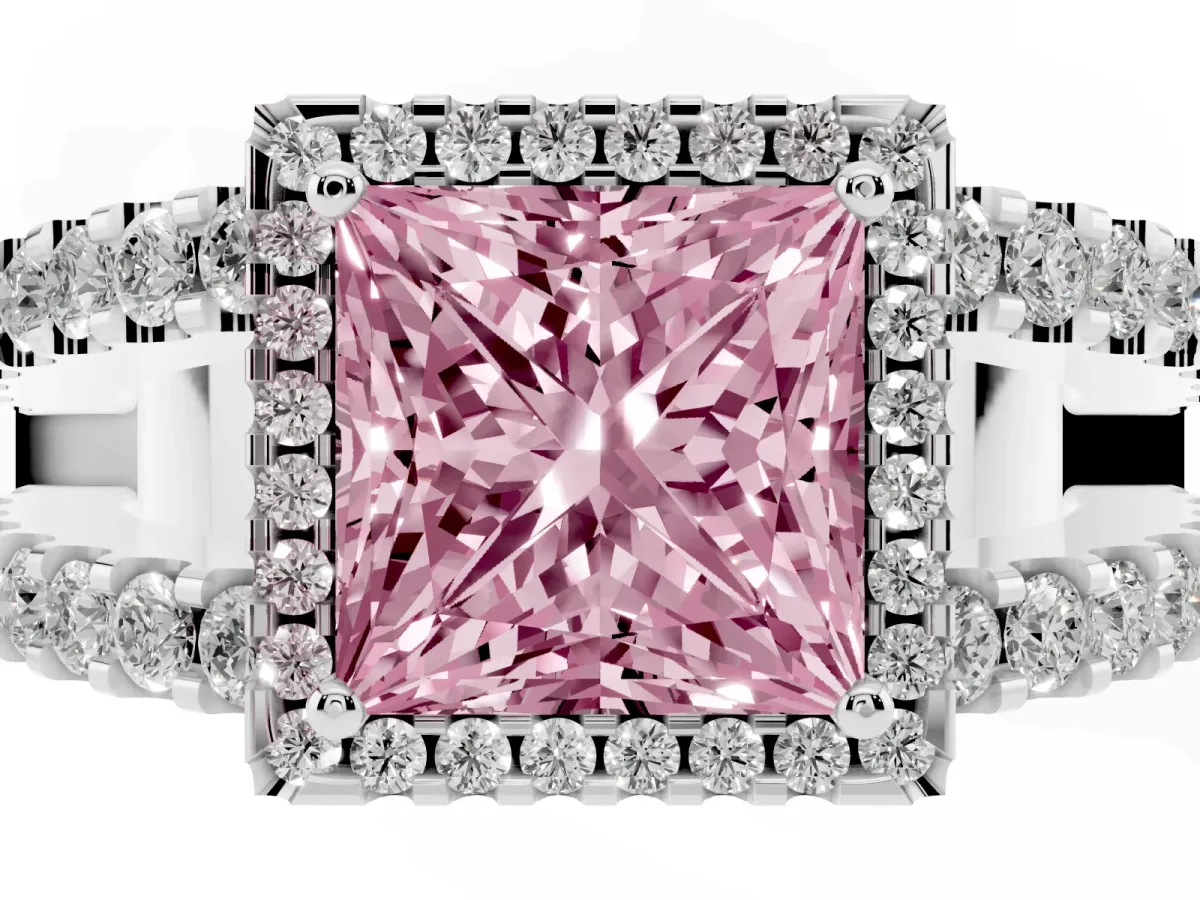 Fancy Pink Princess Cut Cut Halo Split Shank Diamond Ring with Four-Prong Setting Platinum