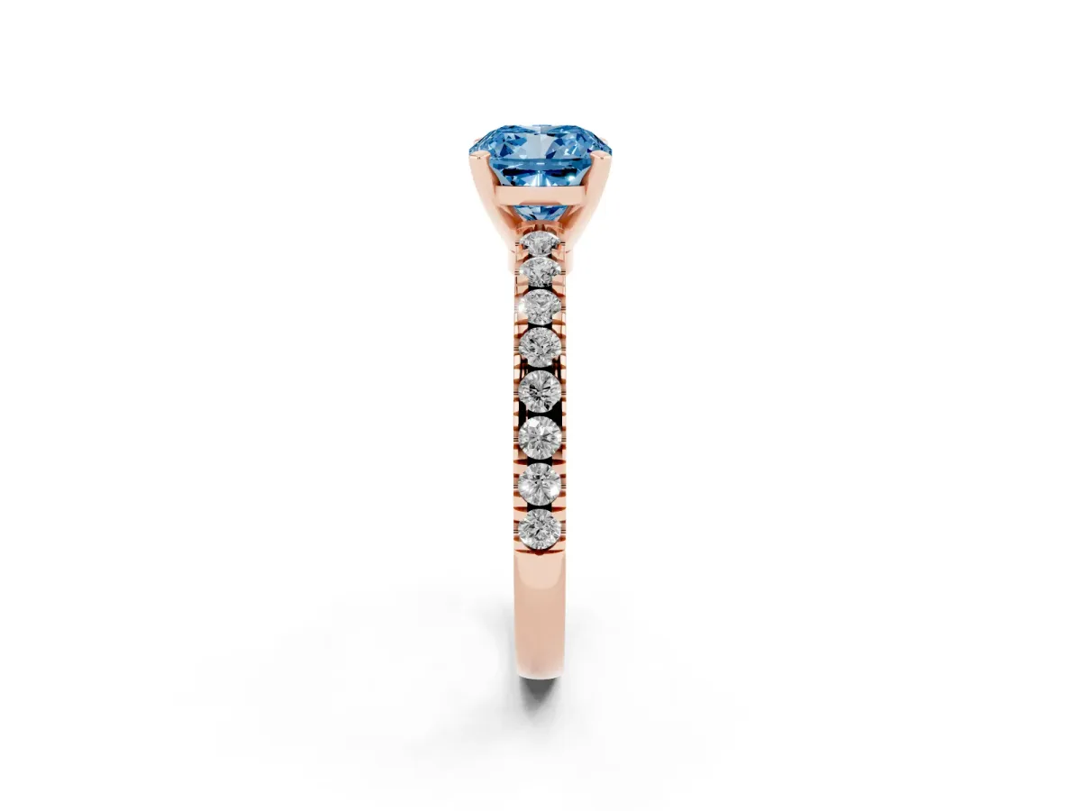 Fancy Blue Cushion Cut Solitaire Diamond with Pavé Band and Four-Prong Setting Rose gold