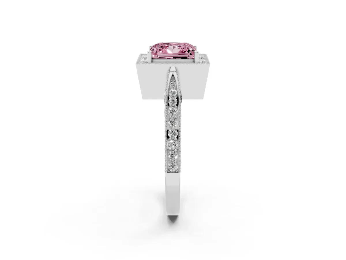 Fancy Pink Princess Cut Halo Diamond Engagement Ring with Split Shank Band and Four-Prong Setting Silver