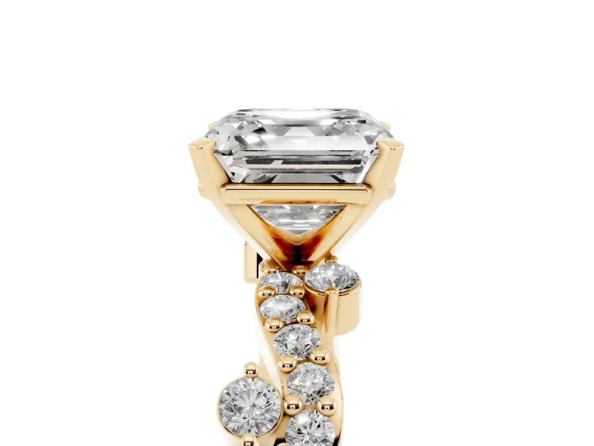 Asscher Cut Cut Solitaire Diamond Twisted Band with Pave Setting Yellow gold