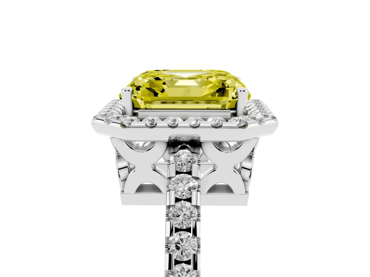 Fancy Yellow Asscher Cut Diamond Halo Engagement Ring with Pavé Band and Prong Setting White gold