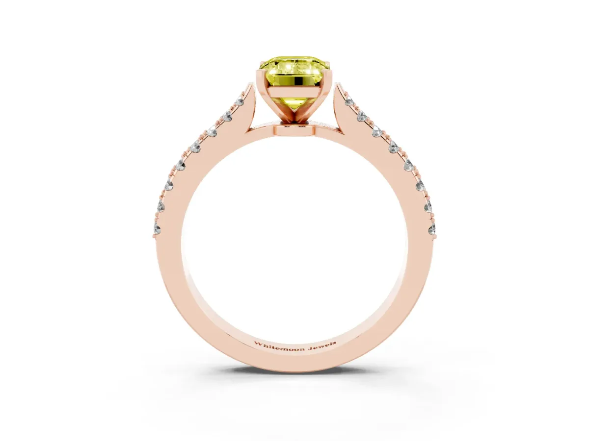 Fancy Yellow Emerald Cut Cut Solitaire Diamond Engagement Ring with Pave Band and Four-Prong Setting Rose gold
