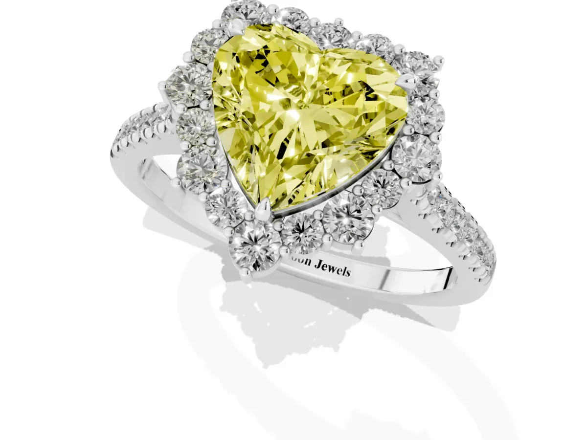 Fancy Yellow Heart Cut Halo Diamond Ring with Pavé Band and Prong Setting Silver