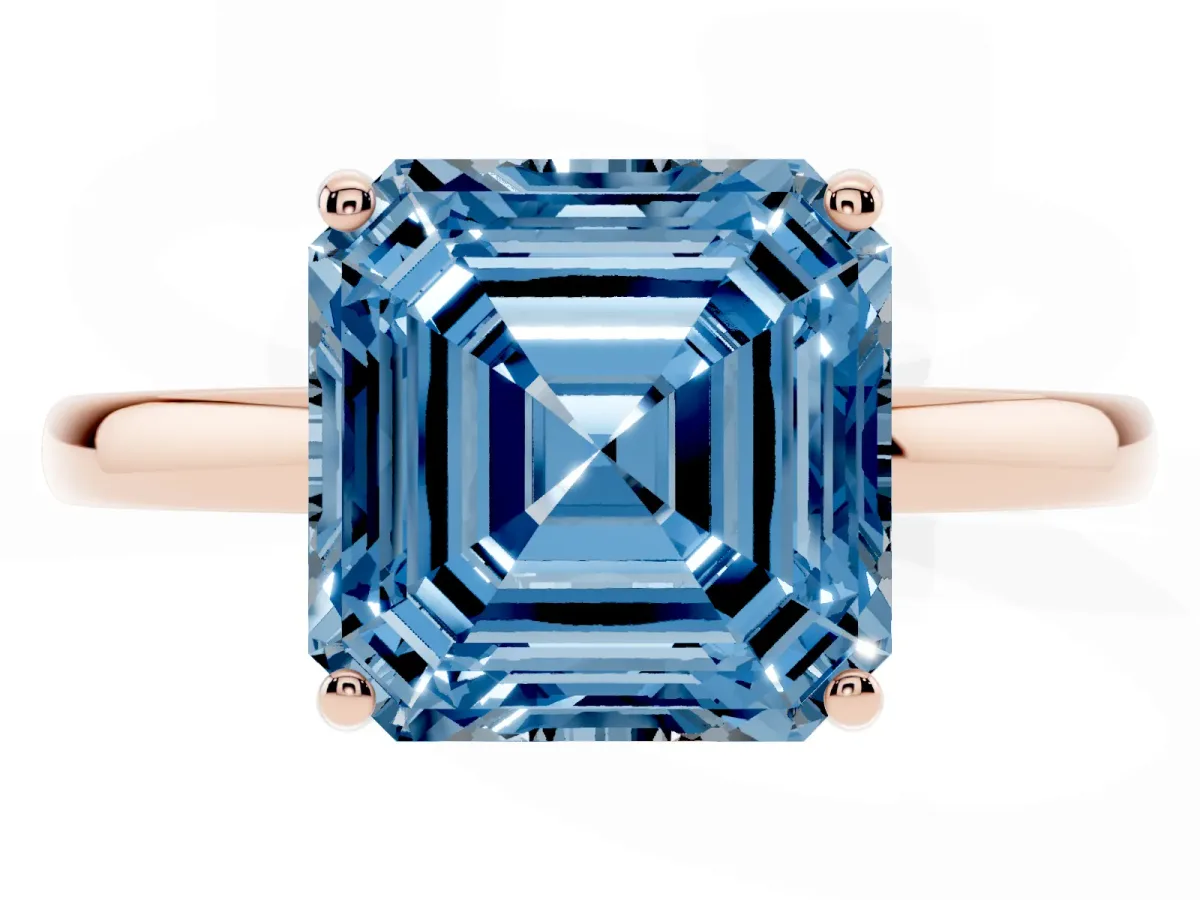 Fancy Blue Asscher Cut Solitaire Diamond Ring with Prong Setting and Plain Band Rose gold