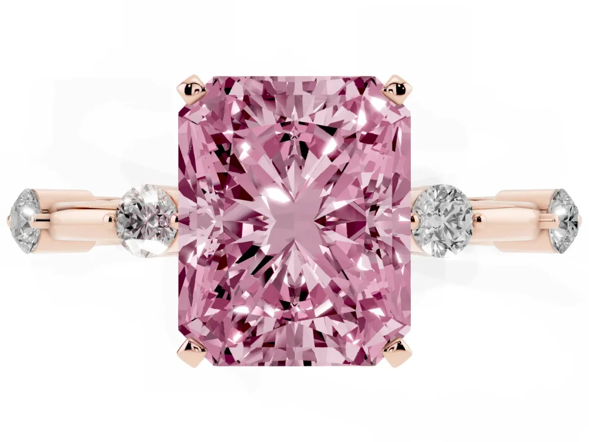 Fancy Pink Radiant Cut Solitaire Diamond Ring with Bezel Set Side Stones and Prong Setting Rose gold