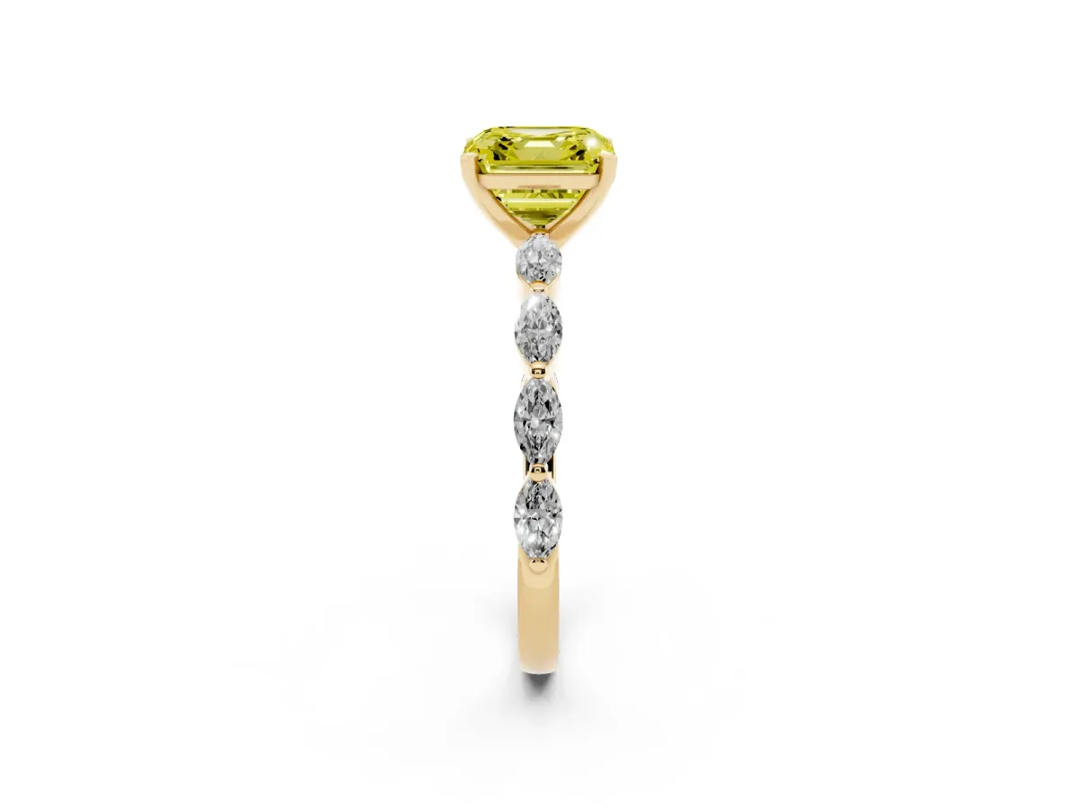 Fancy Yellow Asscher Cut Diamond Ring with Marquise Side Stones and Prong Setting Yellow gold