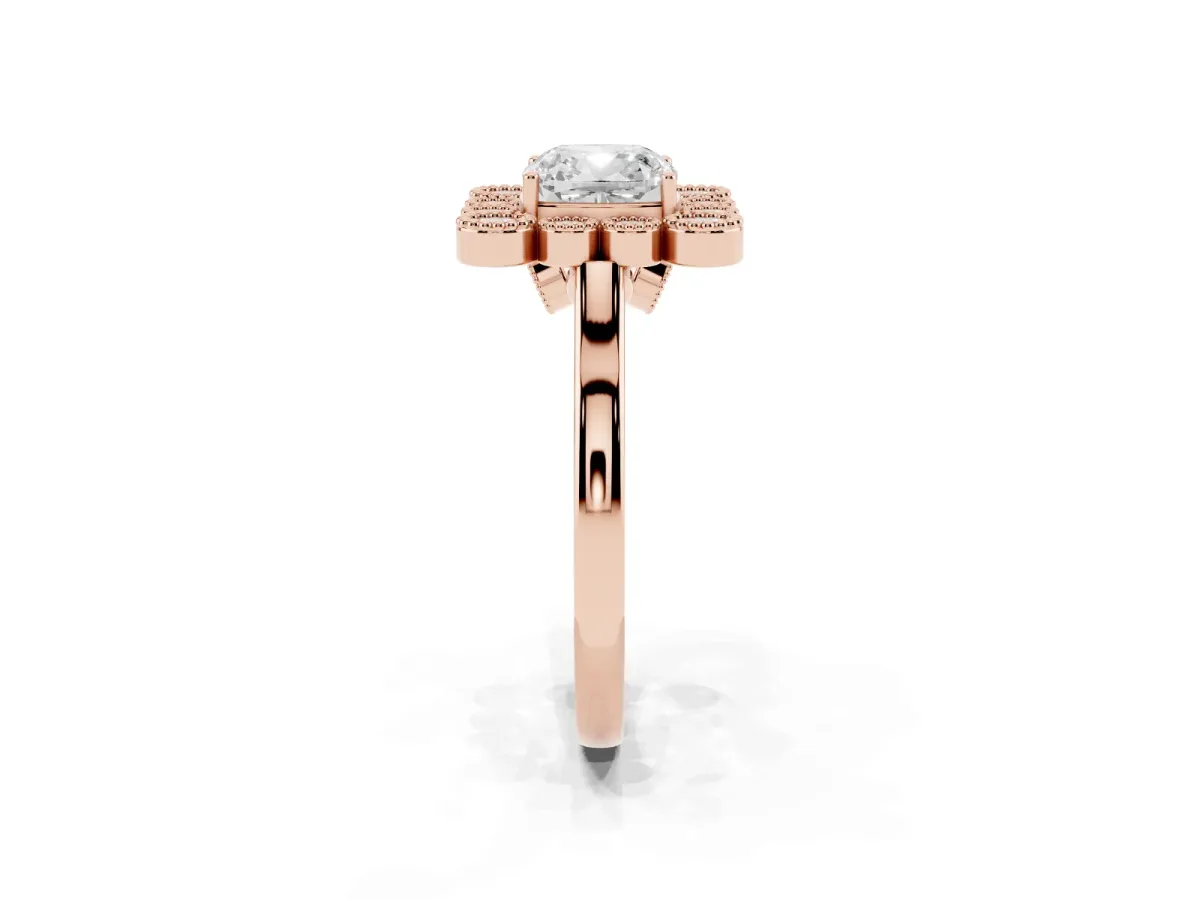 Cushion Cut Halo Diamond Cluster Engagement Ring with Milgrain Bezel Setting and Solitaire Band Rose gold