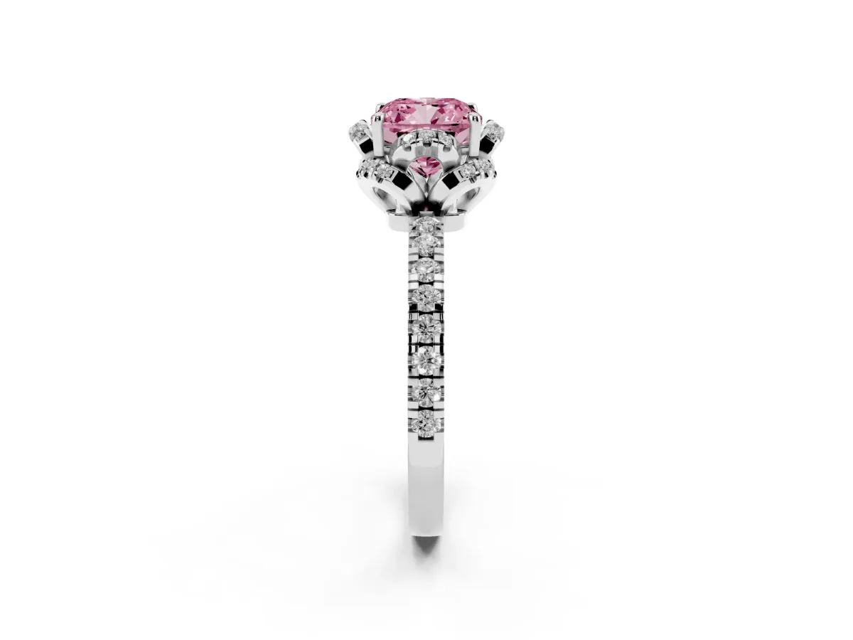 Fancy Pink Cushion Cut Diamond Halo Pave Band with Four-Prong Setting Silver