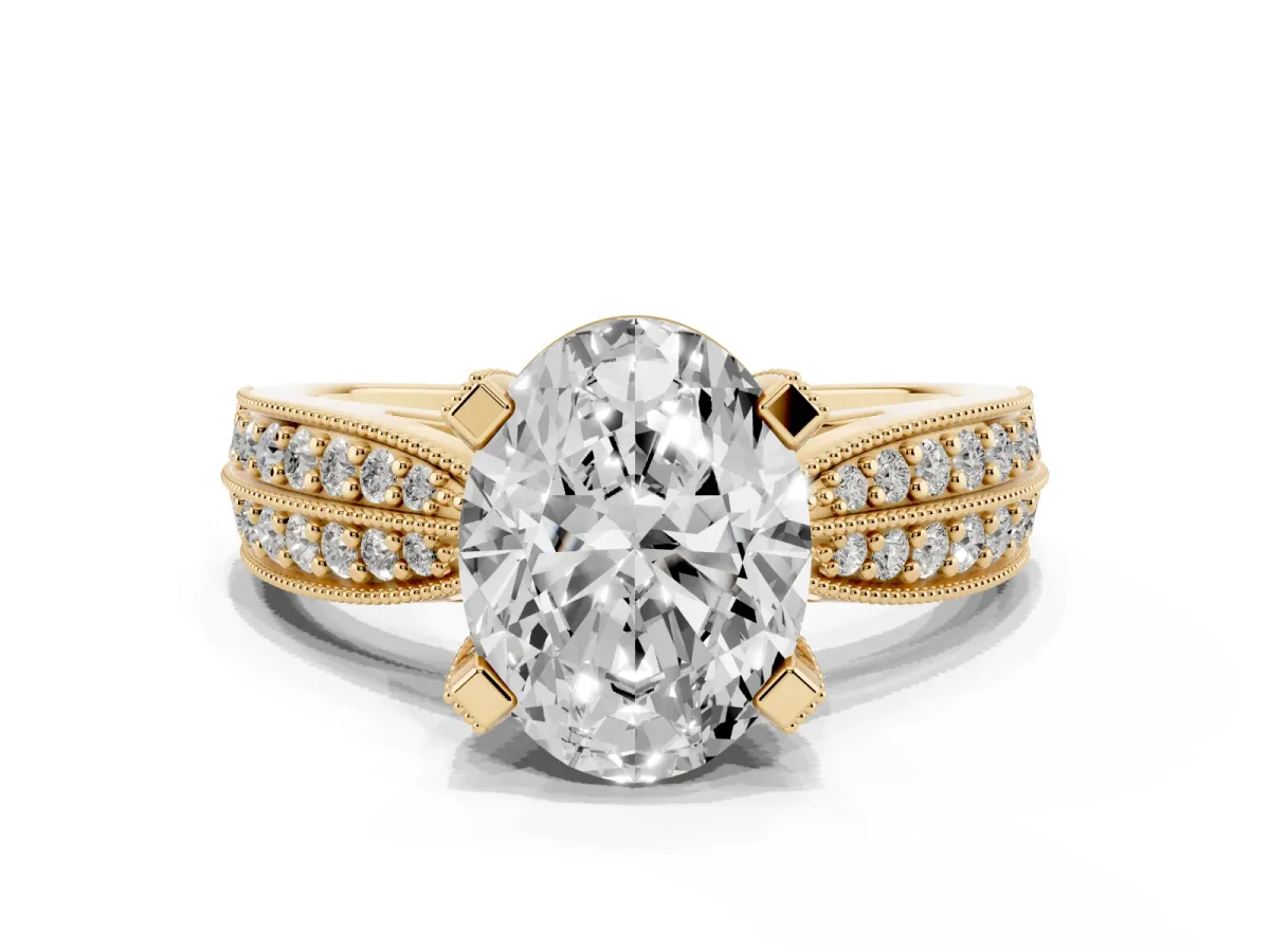 Oval Cut Diamond Solitaire Ring with Milgrain Round Pavé Band and Prong Setting Yellow gold