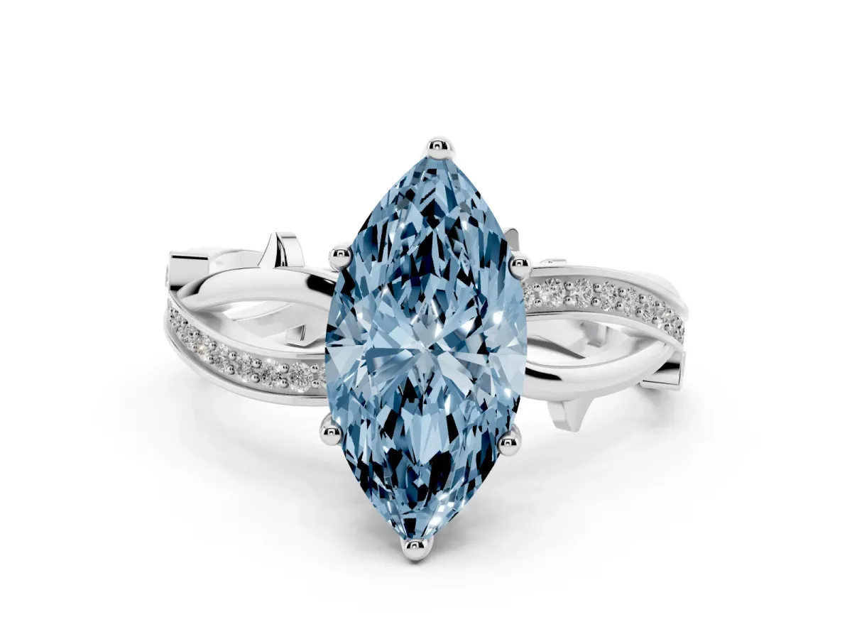 Fancy Blue Marquise Cut Solitaire Twist Band with Pavé Accents and Four-Prong Setting Silver