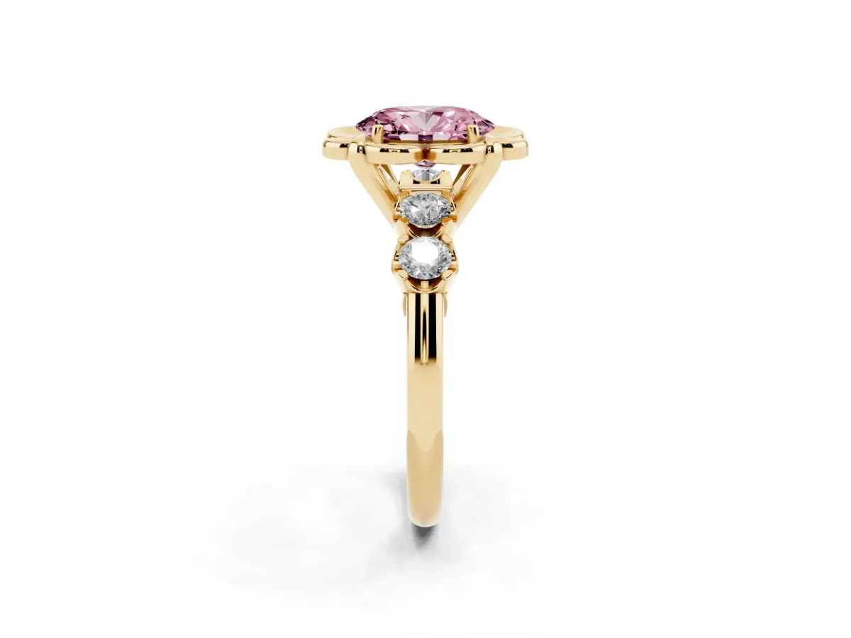 Fancy Pink Oval Cut Cut Diamond Floral Halo Engagement Ring with Shared Prong Setting Yellow gold