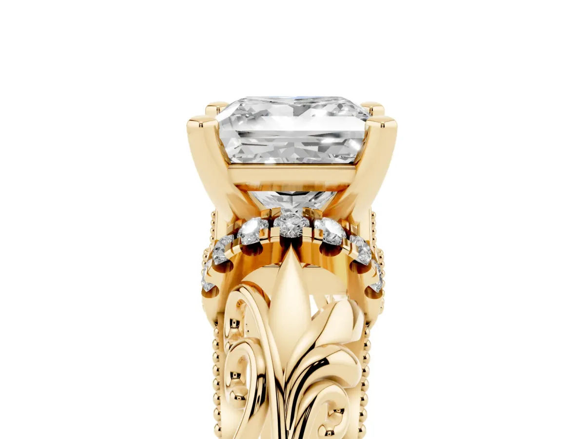 Princess Cut Solitaire Filigree Engagement Ring with Halo and Prong Setting Yellow gold