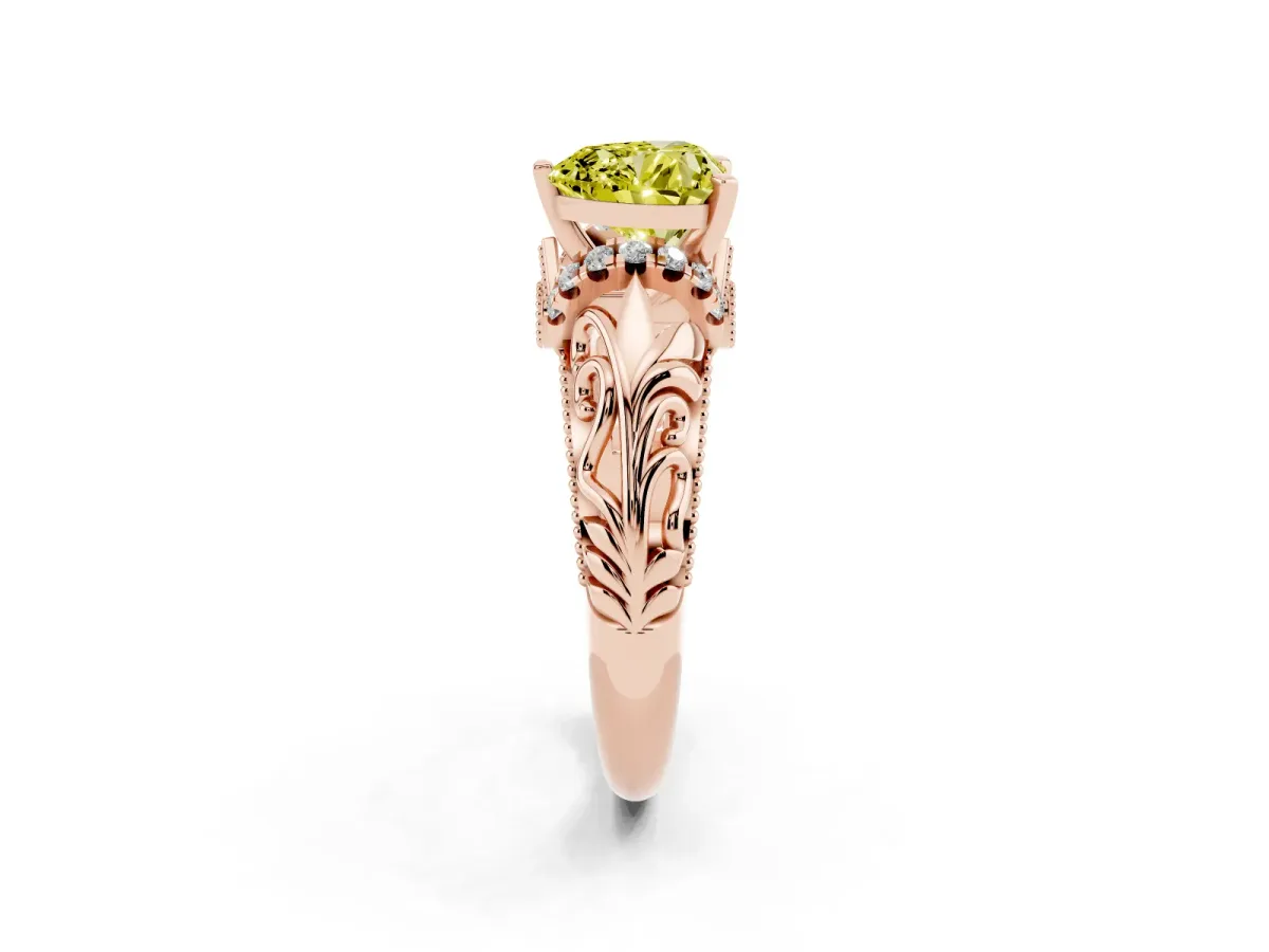 Fancy Yellow Heart Cut Solitaire Filigree Engagement Ring with Halo and Prong Setting Rose gold