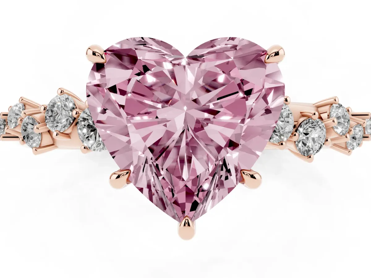 Fancy Pink Heart Cut Diamond Cluster Side Stone Solitaire Ring with Prong Setting Rose gold
