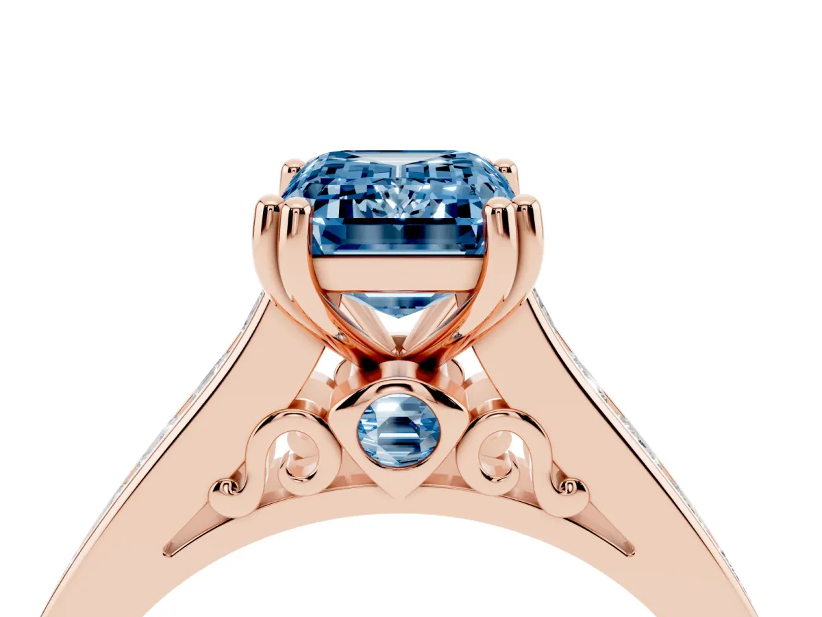 Fancy Blue Emerald Cut Cut Channel Set Solitaire Engagement Ring with Prong Setting Rose gold