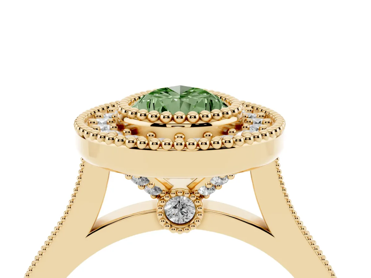 Fancy Green Pear Cut Diamond Halo Ring with Milgrain Frame and Pavé Band Yellow gold