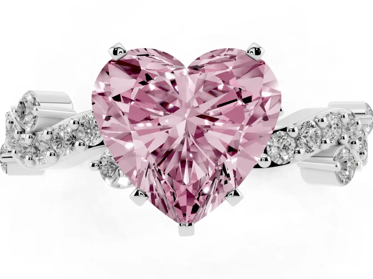 Fancy Pink Heart Cut Cut Solitaire Diamond Twisted Band with Pave Setting Platinum