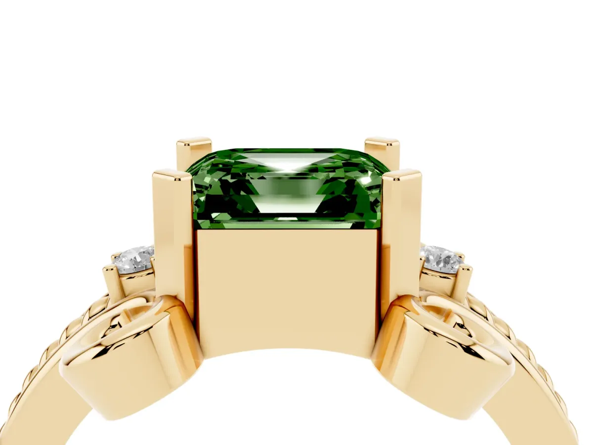 Fancy Green Asscher Cut Solitaire Twisted Band Scroll Prong Ring Yellow gold