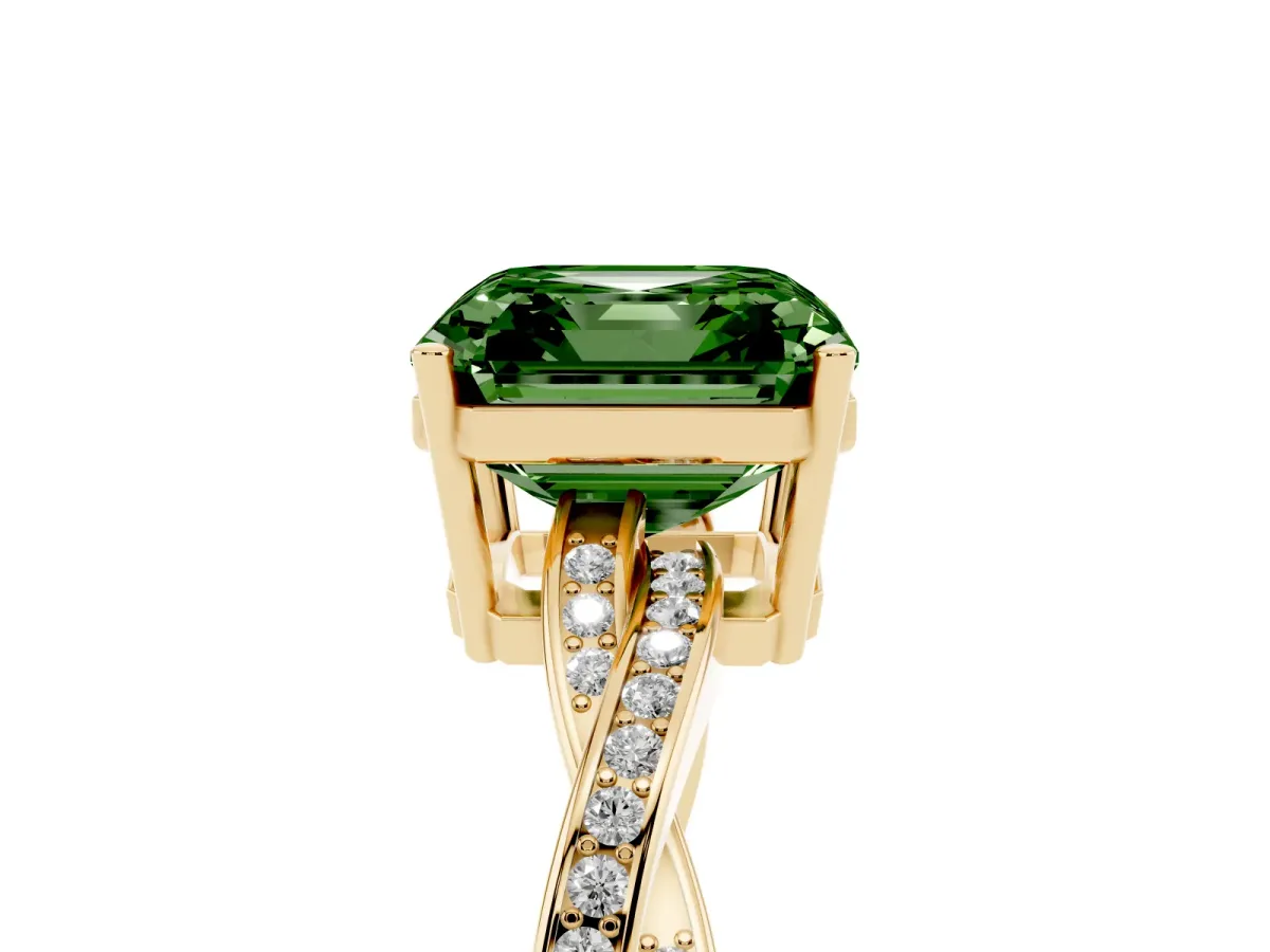 Fancy Green Asscher Cut Solitaire Twisted Pave Diamond Ring with Four-Prong Setting Yellow gold
