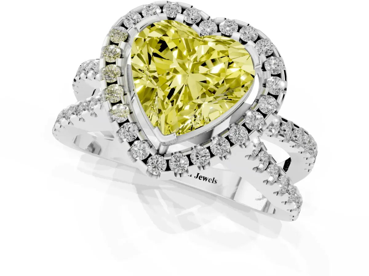 Fancy Yellow Heart Cut Diamond Halo Ring with Split Shank Pavé Band and Prong Setting Silver