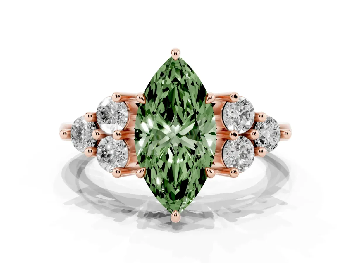 Fancy Green Marquise Cut Brilliant Diamond Cluster Accent Solitaire Ring with Prong Setting Rose gold