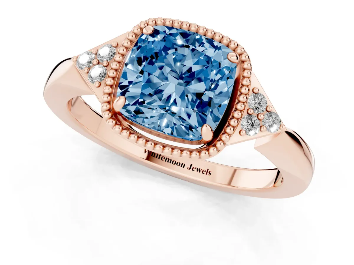 Fancy Blue Hexagonal Halo Cushion Cut Diamond Solitaire with Pavé Band and Four-Prong Setting Rose gold