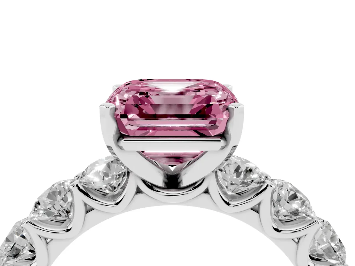 Fancy Pink Asscher Cut Diamond Prong Setting with Side Stones on a Pave Band Silver