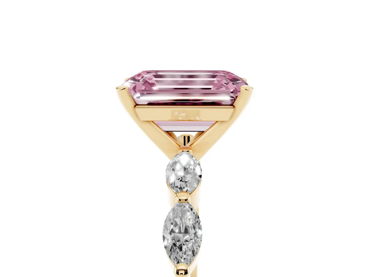 Fancy Pink Emerald Cut Diamond Ring with Marquise Side Stones and Prong Setting Yellow gold