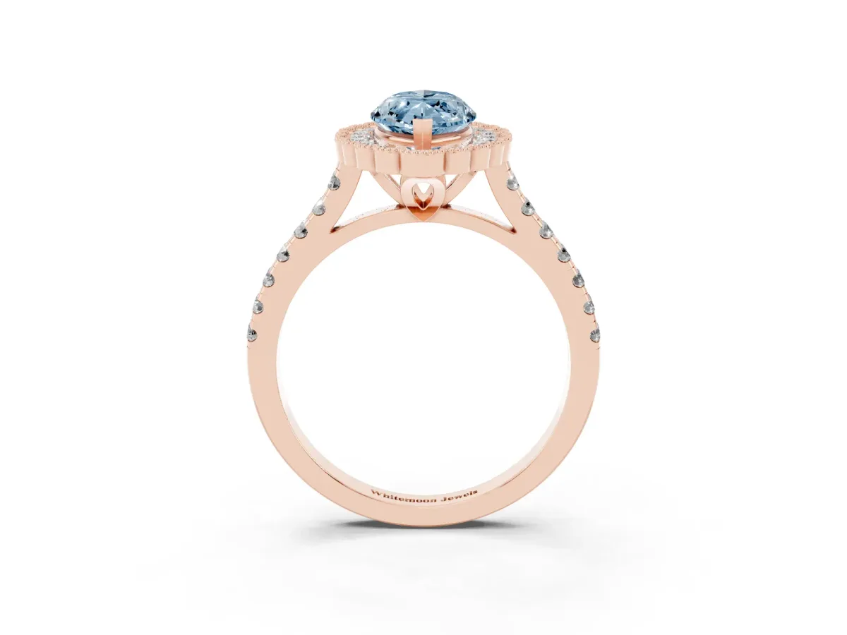 Fancy Blue Marquise Cut Cut Diamond Milgrain Floral Halo Engagement Ring with Pavé Band Rose gold