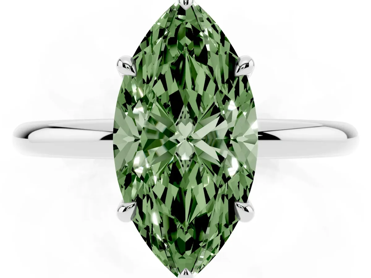 Fancy Green Marquise Cut Diamond Solitaire Ring with Thin Band and Four-Prong Setting Platinum