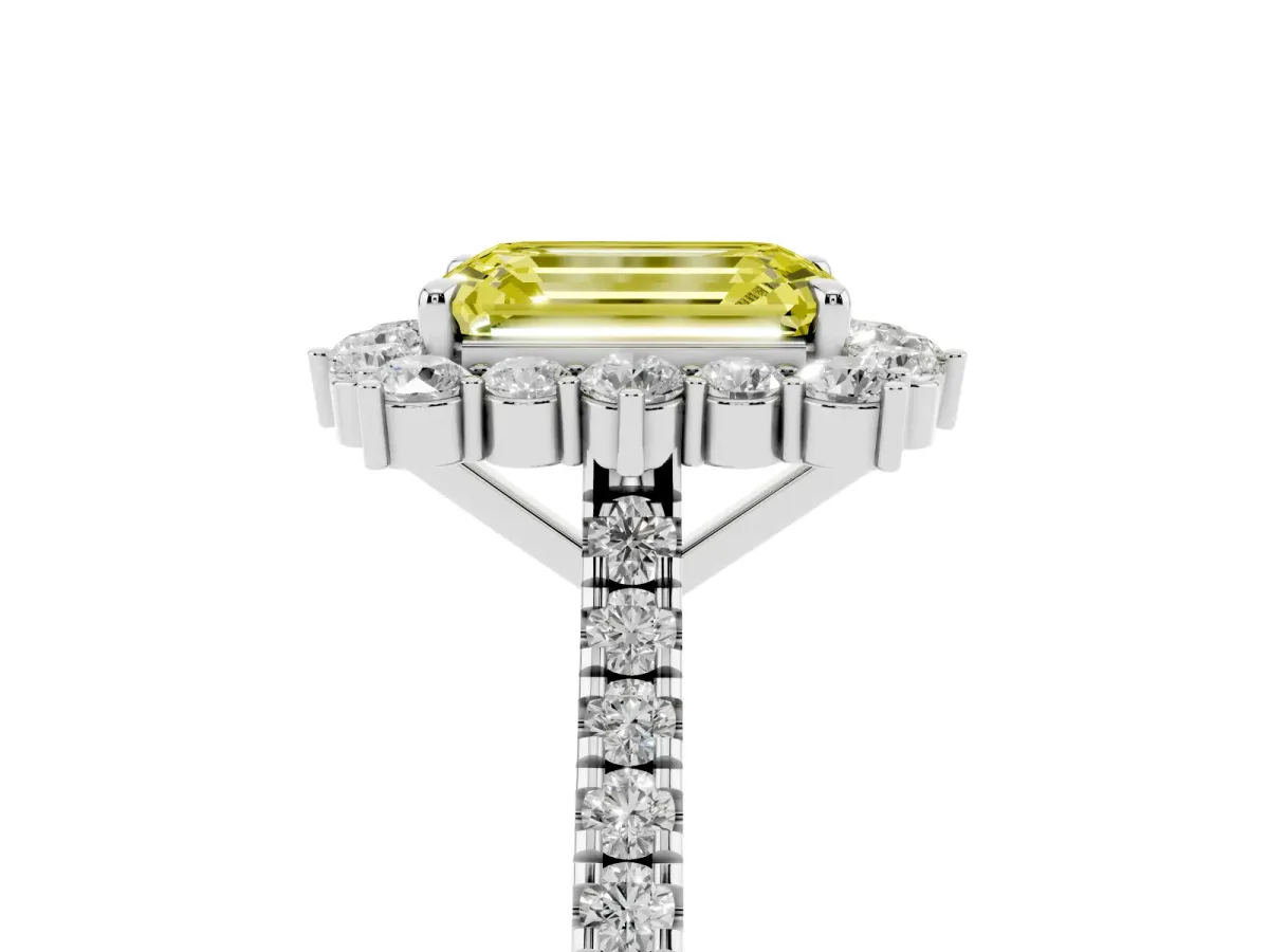 Fancy Yellow Emerald Cut Halo Diamond Ring with Pavé Band and Prong Setting Silver