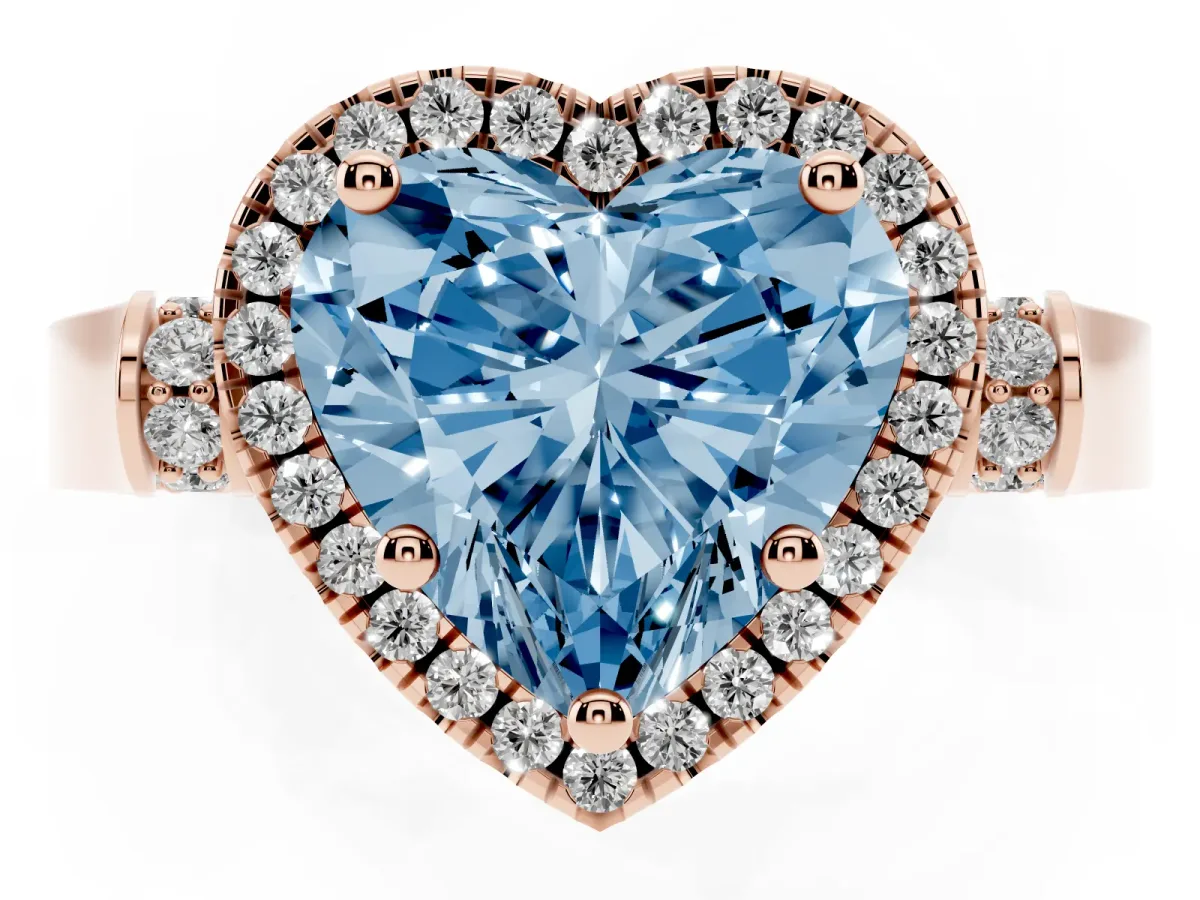 Fancy Blue Heart Cut Halo Round Diamond Twist Band with Four-Prong Setting Rose gold
