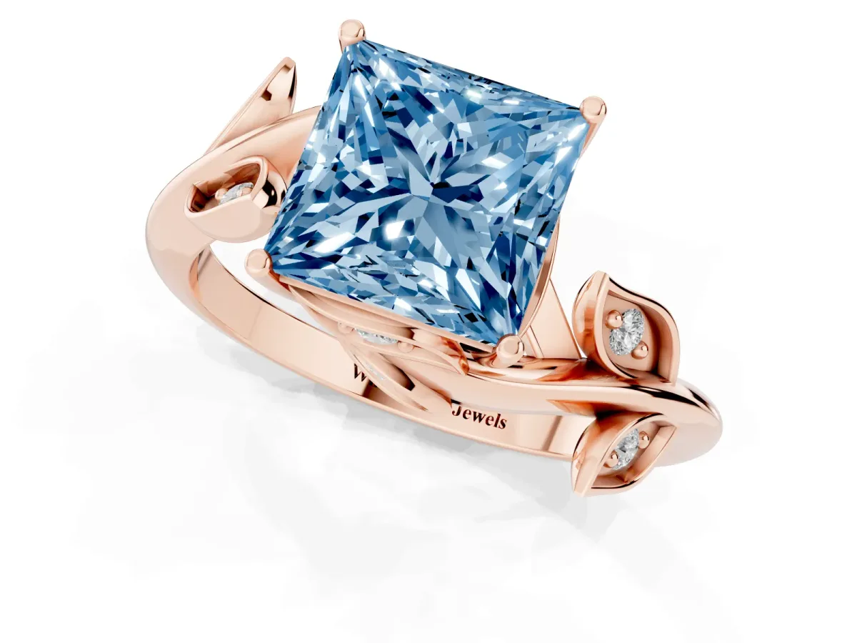Fancy Blue Princess Cut Solitaire Twist Engagement Ring with Leaf Accents and Prong Setting Rose gold