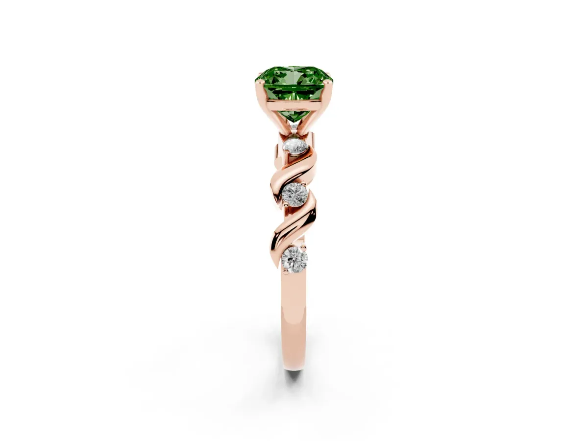 Fancy Green Cushion Cut Diamond Solitaire Twisted Band with Round Accents and Prong Setting Rose gold