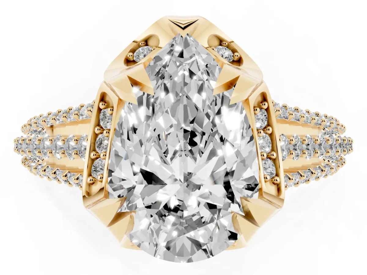 Pear Cut Solitaire Pave Split Shank Ring with Four-Prong Setting Yellow gold