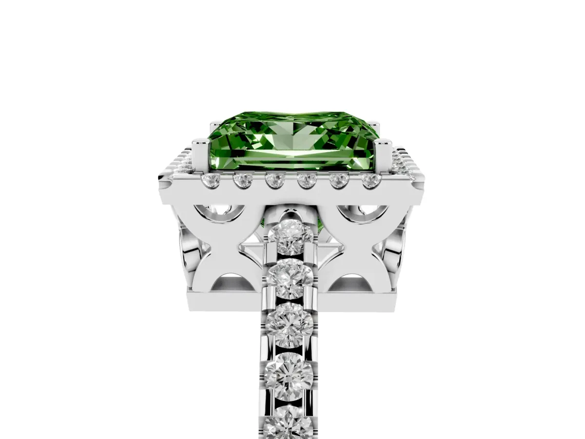 Fancy Green Princess Cut Diamond Halo Engagement Ring with Pavé Band and Prong Setting White gold
