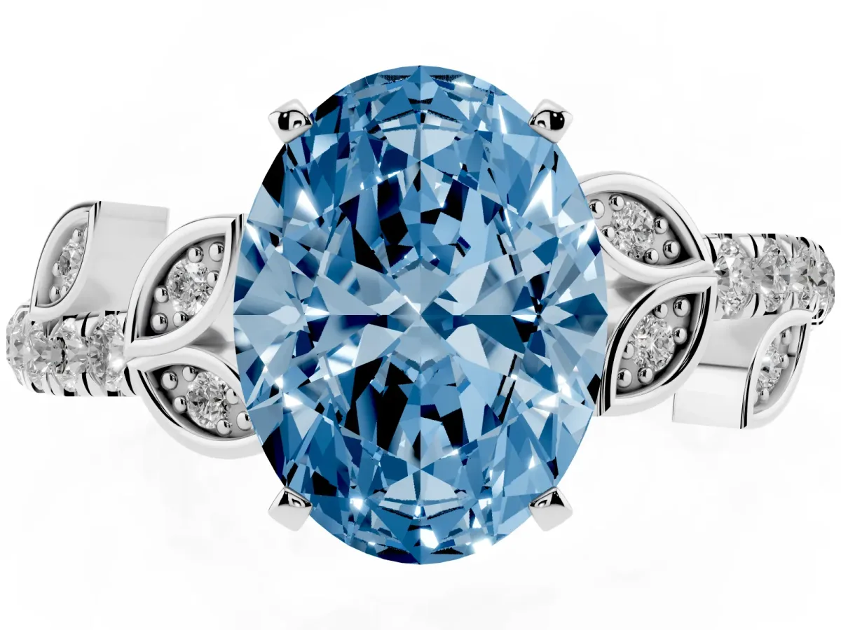 Fancy Blue Oval Cut Solitaire Leaf-Inspired Diamond Ring with Pavé Band and Four-Prong Setting Silver