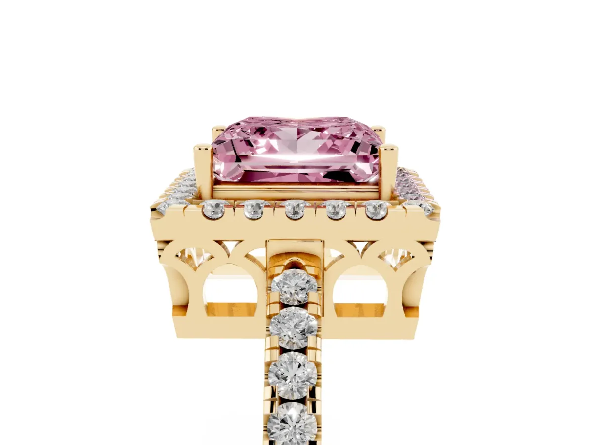 Fancy Pink Princess Cut Halo Diamond Engagement Ring with Pavé Band and Four-Prong Setting Yellow gold
