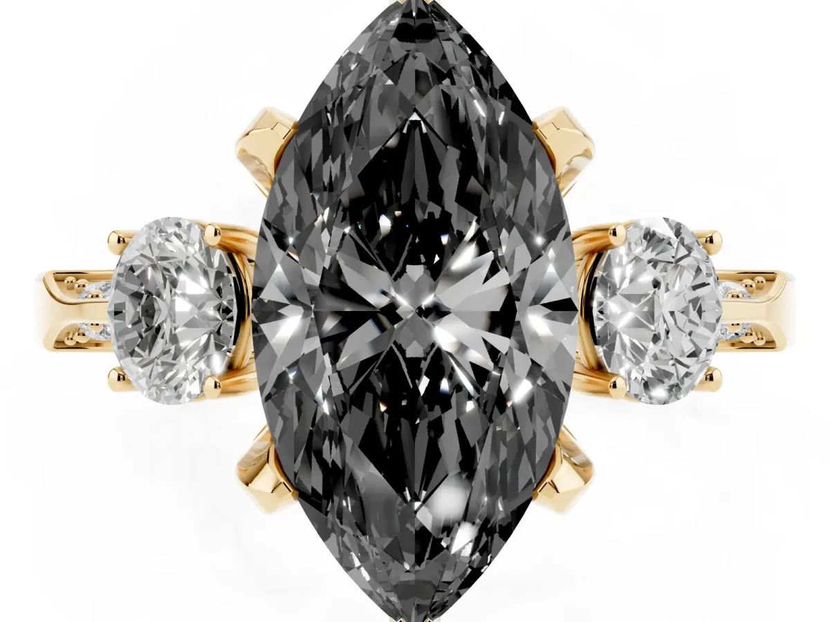 Fancy Black Marquise Cut Brilliant Three-Stone Diamond Ring with Pavé Band and Four-Prong Setting Yellow gold