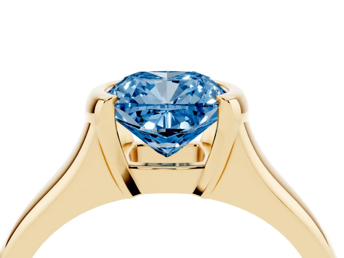 Fancy Blue Cushion Cut Solitaire Tension Set Diamond Ring with Split Shank Band Yellow gold