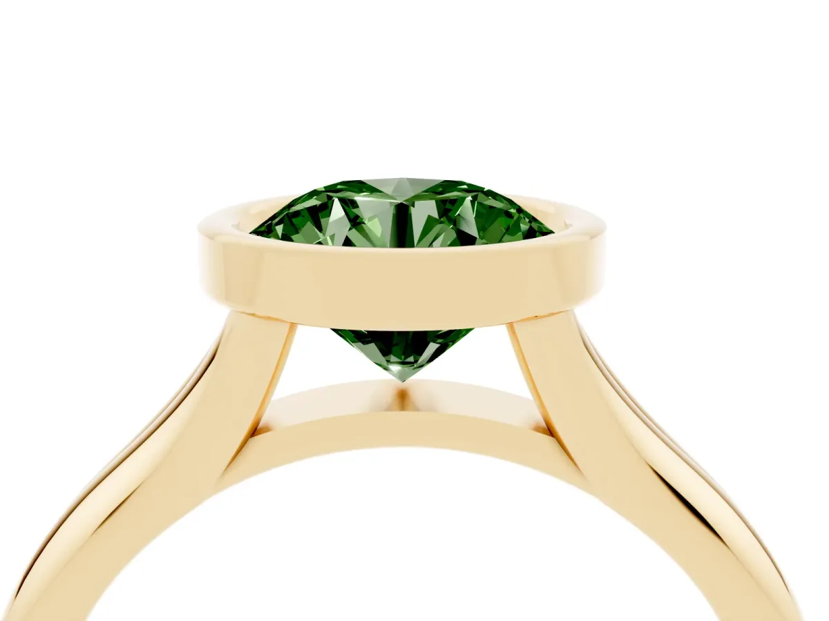 Fancy Green Bezel Set Round Cut Solitaire Diamond Ring with Smooth Band Yellow gold
