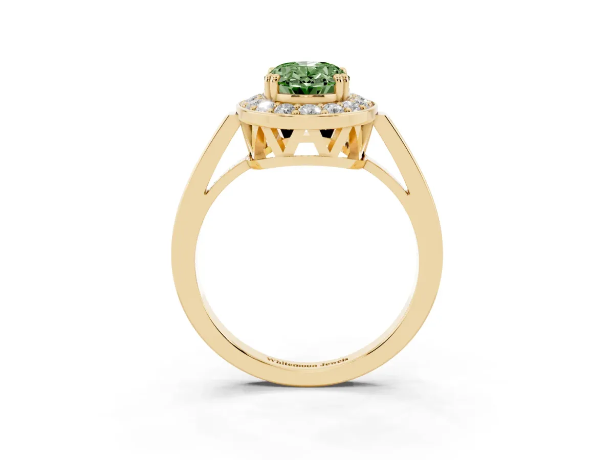 Fancy Green Oval Cut Diamond Halo Ring with Split Shank and Four-Prong Setting Yellow gold