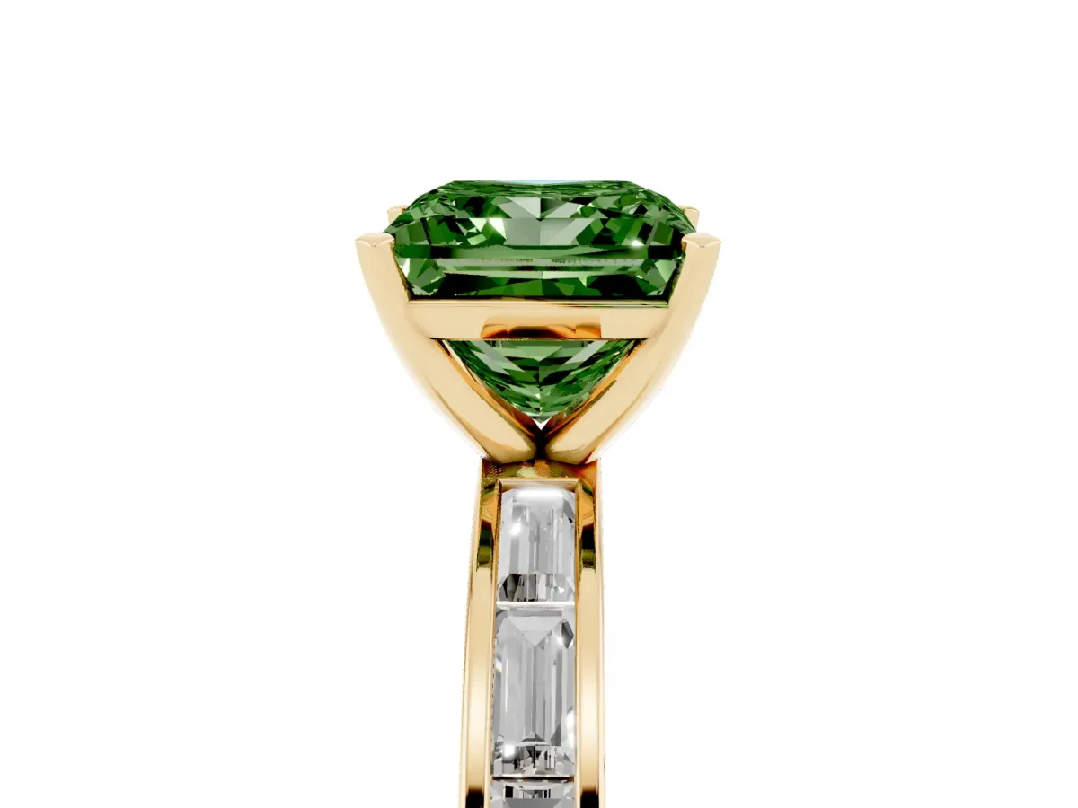 Fancy Green Princess Cut Solitaire Diamond Ring with Channel-Set Baguette Band and Four-Prong Setting Yellow gold
