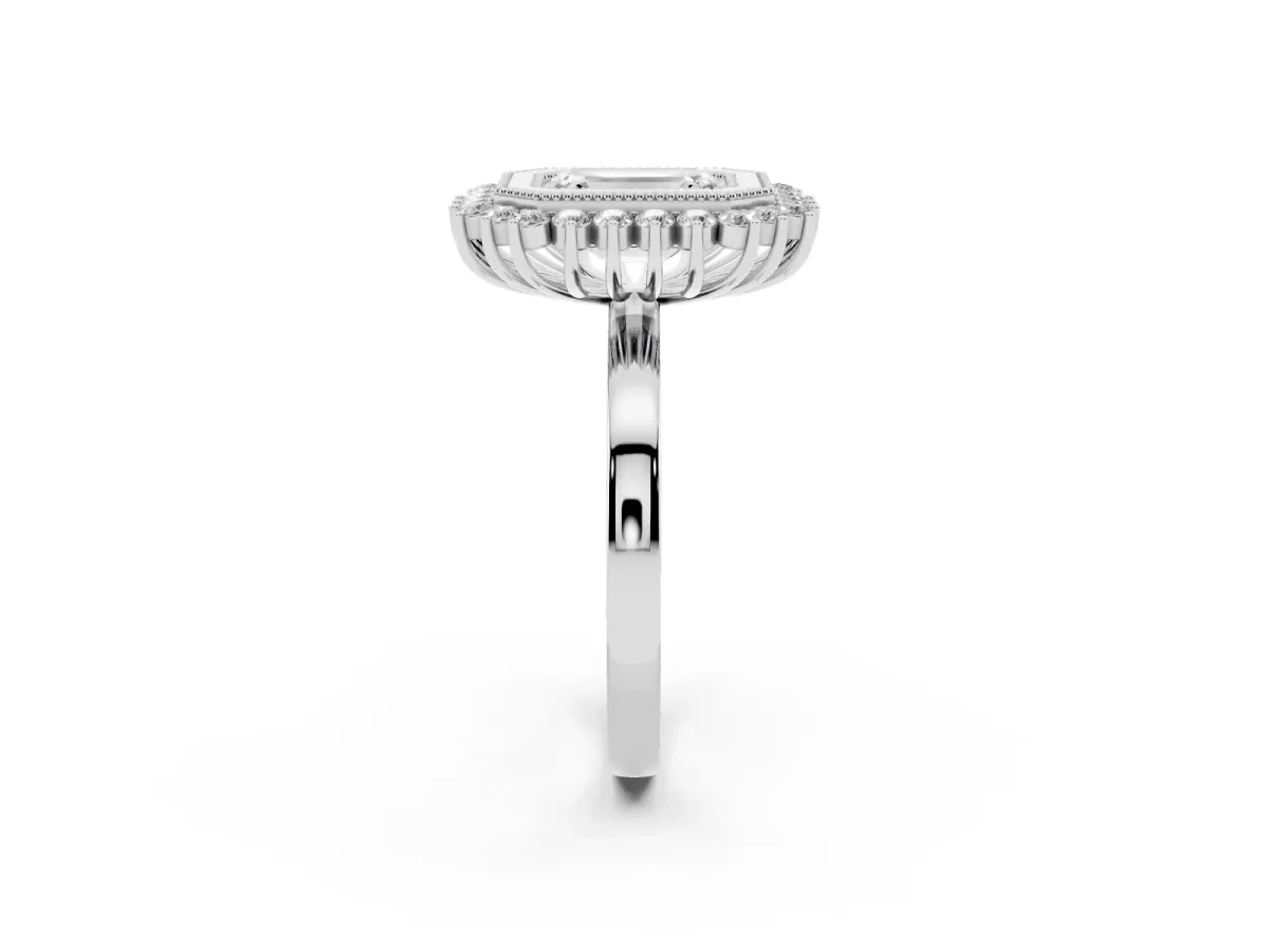 Emerald Cut Halo Diamond Ring with Milgrain Edge and Round Prong Setting Silver