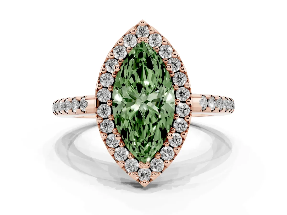 Fancy Green Marquise Cut Diamond Pavé Halo Ring with Four-Prong Setting Rose gold