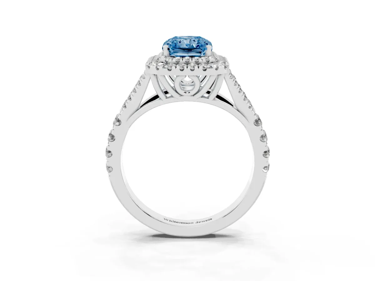 Fancy Blue Radiant Cut Diamond Double Halo Ring with Split Shank and Prong Setting Platinum