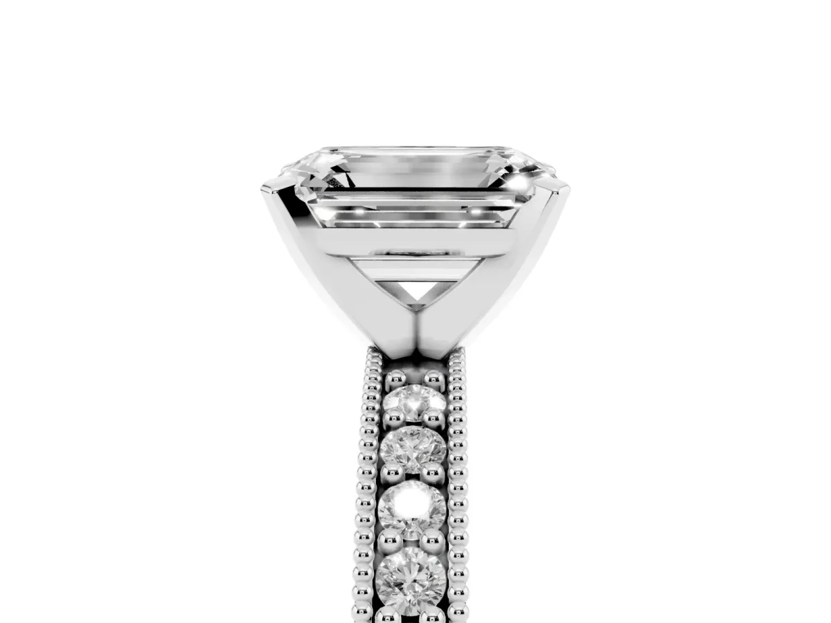 Emerald Cut Diamond Milgrain Pavé Engagement Ring with Four-Prong Setting Silver