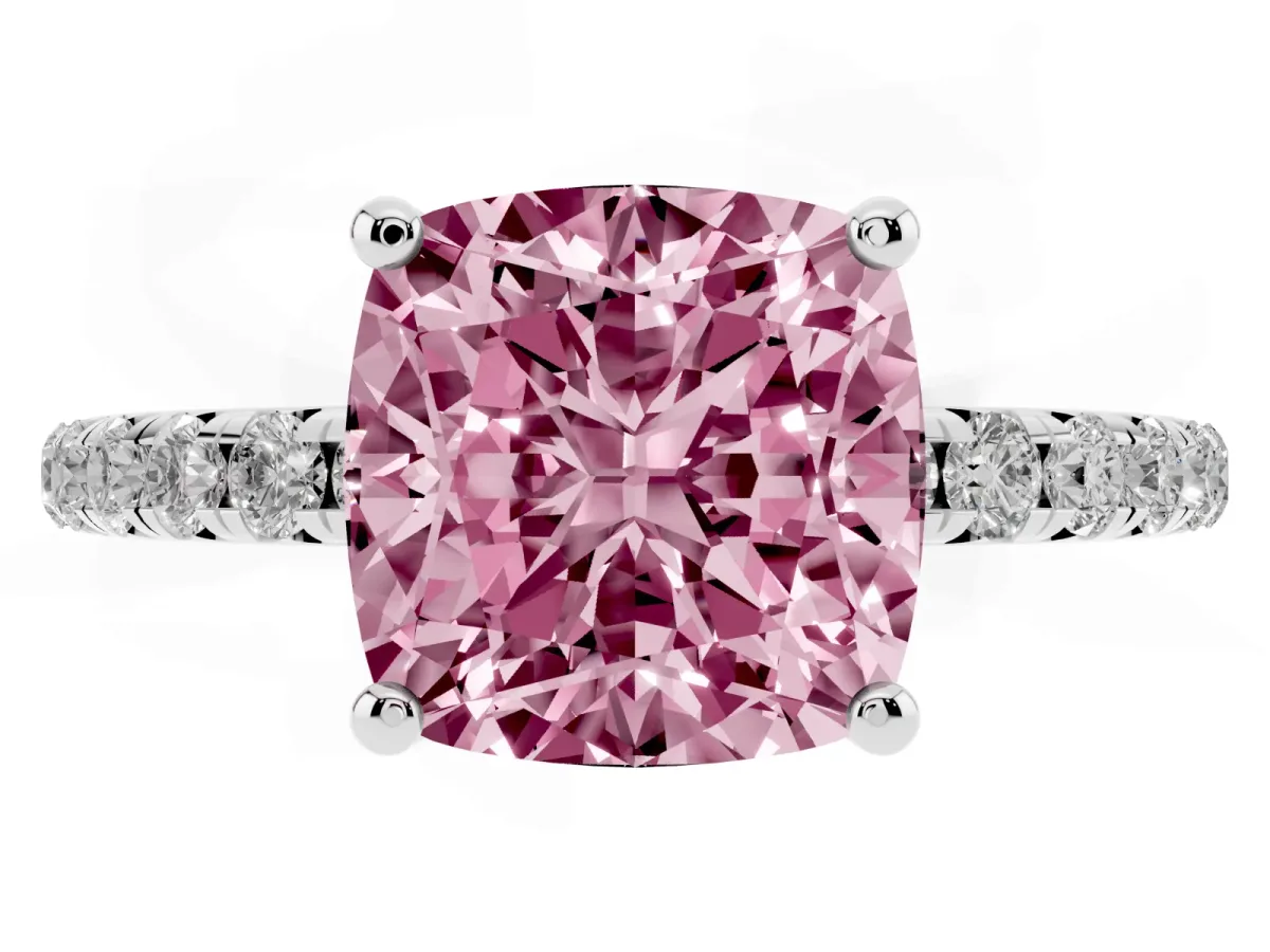 Fancy Pink Cushion Cut Cut Diamond Solitaire Ring with Micro Pave Band and Four Prong Setting Silver
