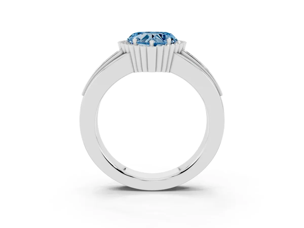 Fancy Blue Heart Cut Cut Halo Pave Band Four-Prong Ring Silver