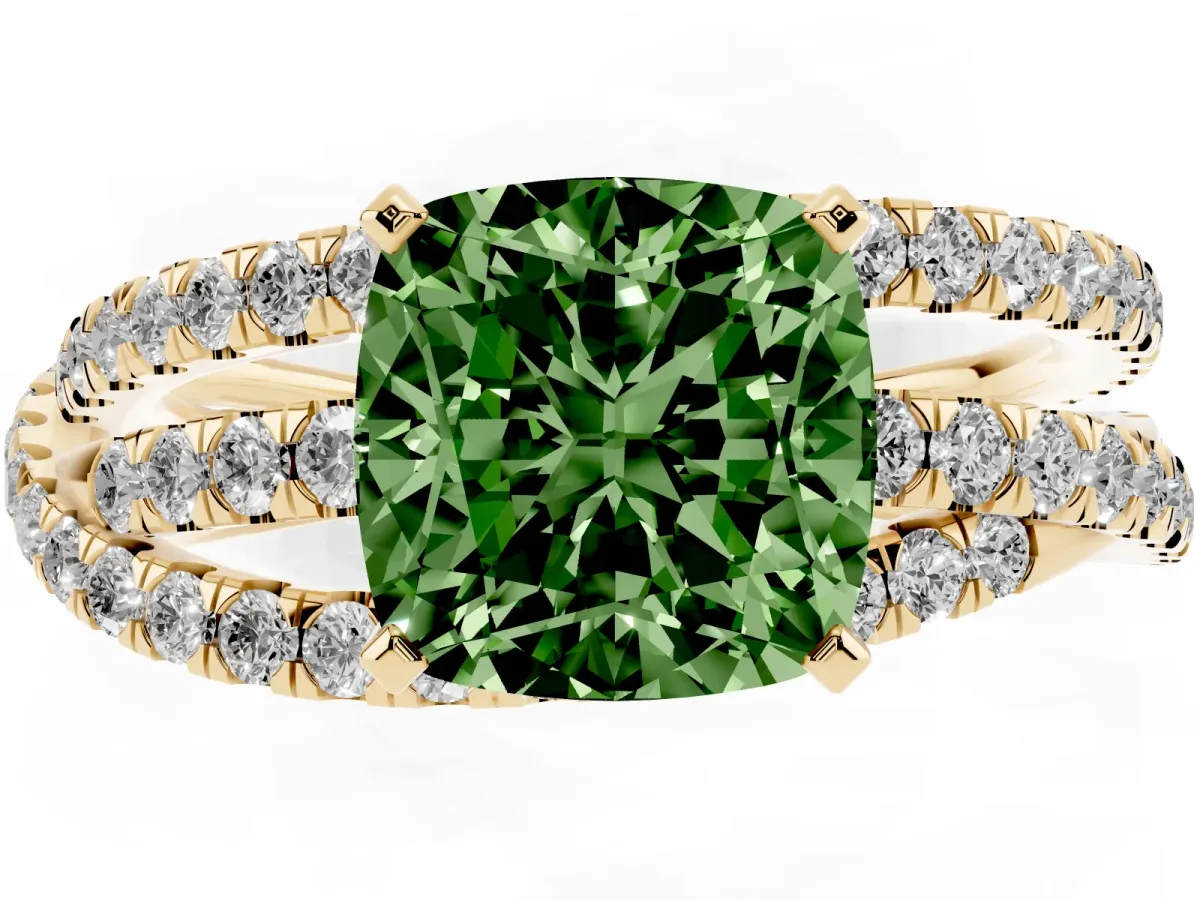 Fancy Green Cushion Cut Solitaire Twist Band with Pavé Setting and Four-Prong Setting Yellow gold